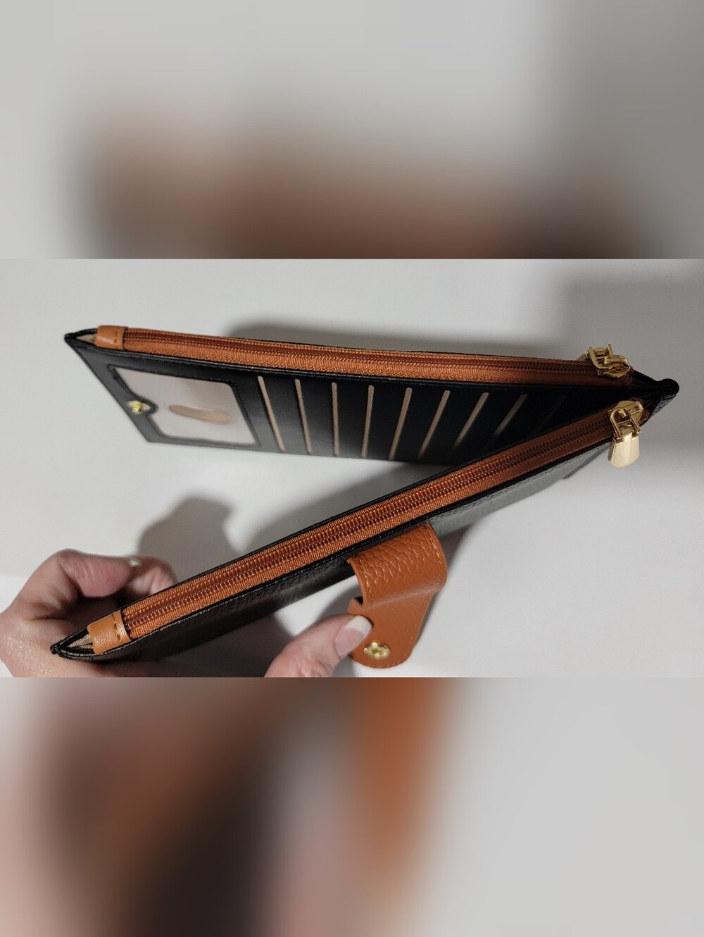 New-Slim Bi-fold Card Holder with Dual Zipper Pockets & RFID Protection.